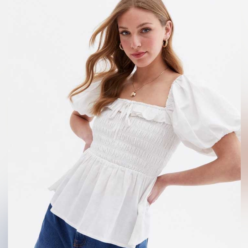 New Look Size 8 White Shirred Frill Peplum Blouse